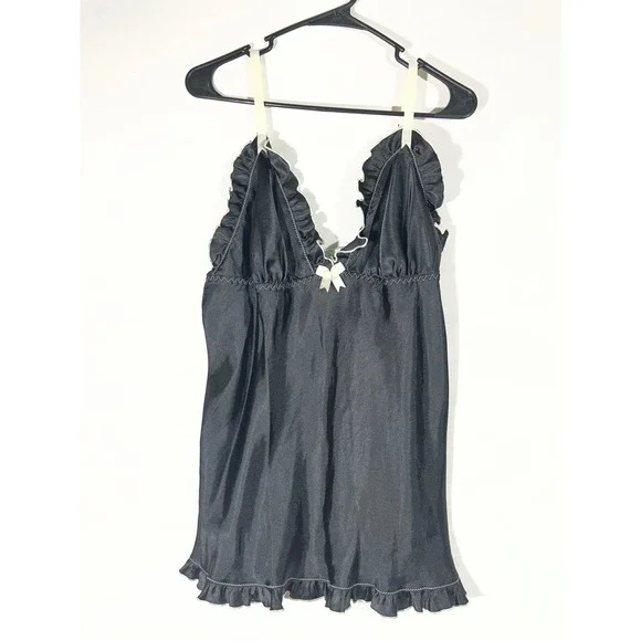VTG Seductive Wear by Cinema Elle Black Satin Ruffle Robe/Baby Doll Gown Set S/M